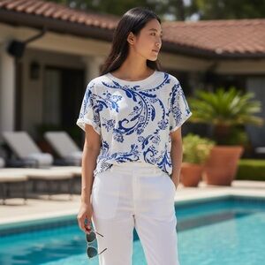 Anthropologie Maeve Caitlin Boxy 100% Cotton Tee Blue White Paisley Floral Sz S